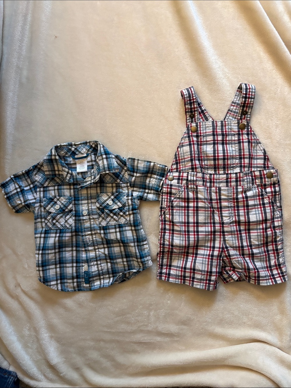 Gymboree red white blue plaid overall shorts & blue plaid shirt Sz 3-6 mths